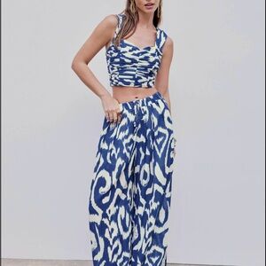 Cider Blue Ivory Ikat Crop Tank Top + Wide Leg Pants Set XL Resort Vacation